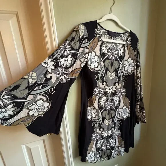 Hale Bob Black Floral Print Bell Sleeve Mini Swing Dress 70s Retro White Brown - Picture 2 of 7